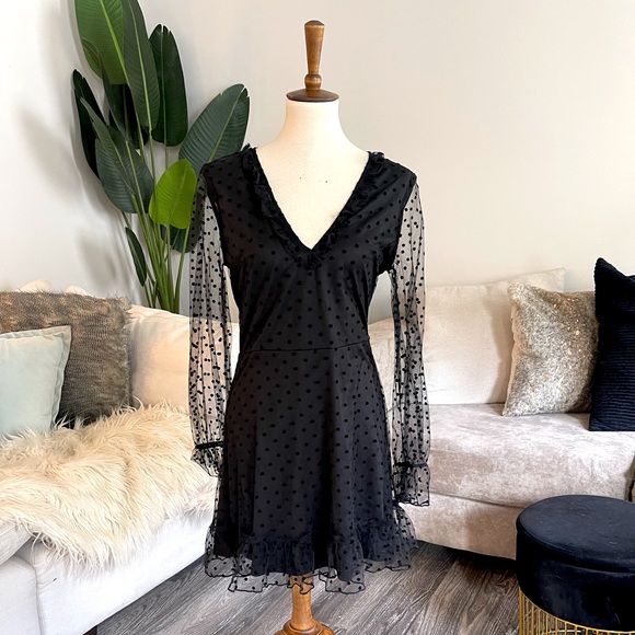 Black Dobby Dot long sleeve midi dress - Picture 1 of 4